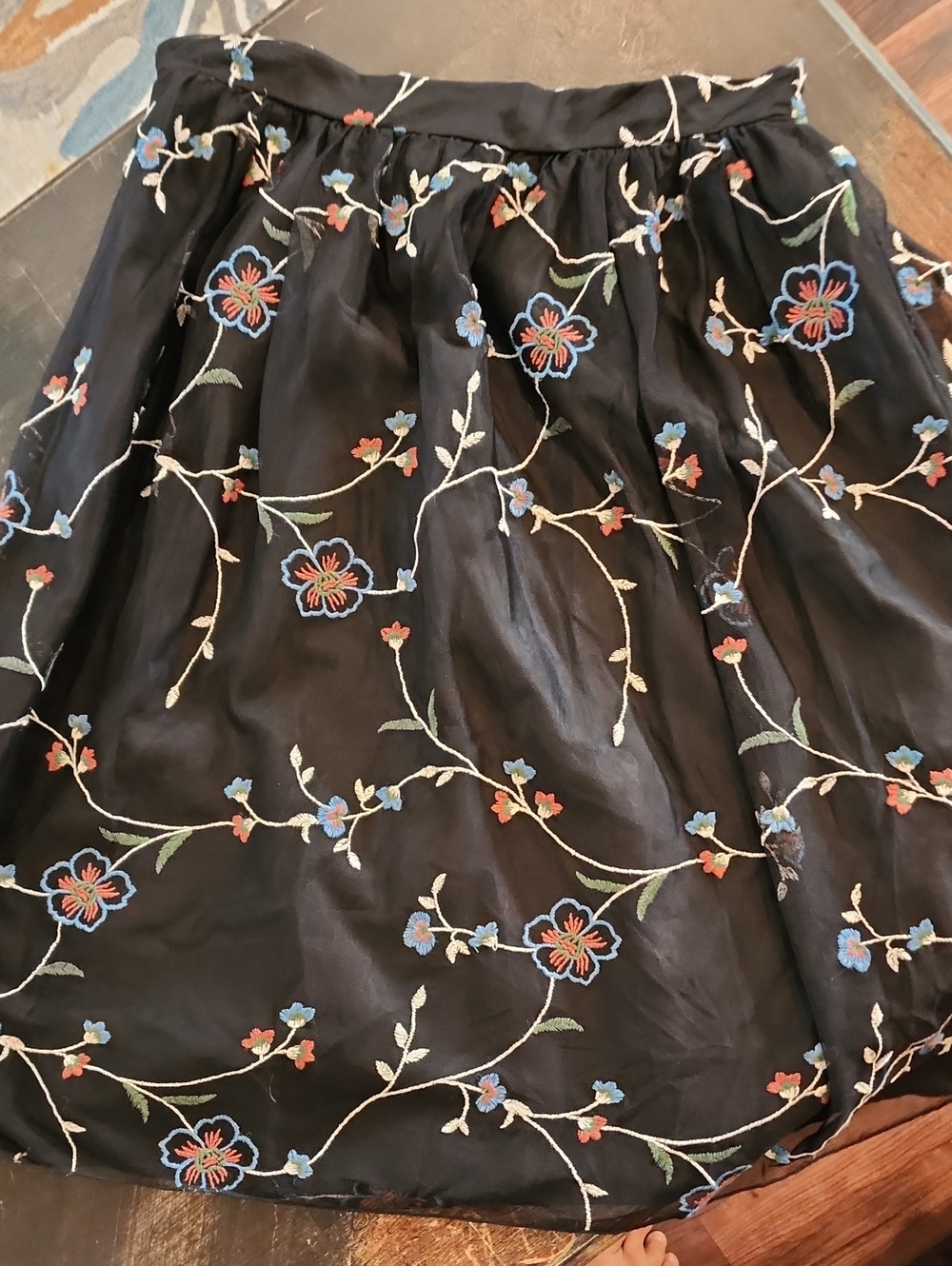 Black Floral Embroidered Circle Skirt